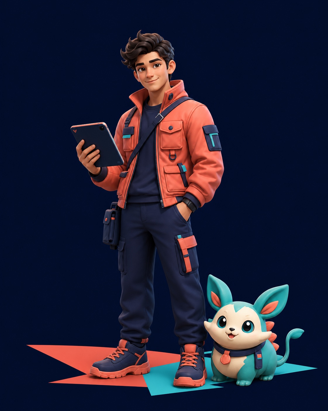 A confident pet trader holding a tablet beside a friendly fantasy pet